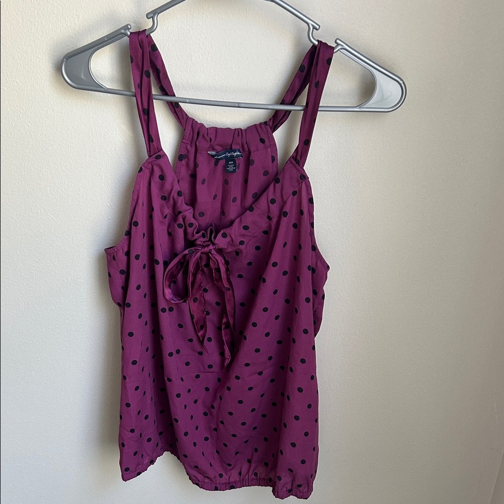 American Eagle Plum Polka Dot Tie-Front Blouse